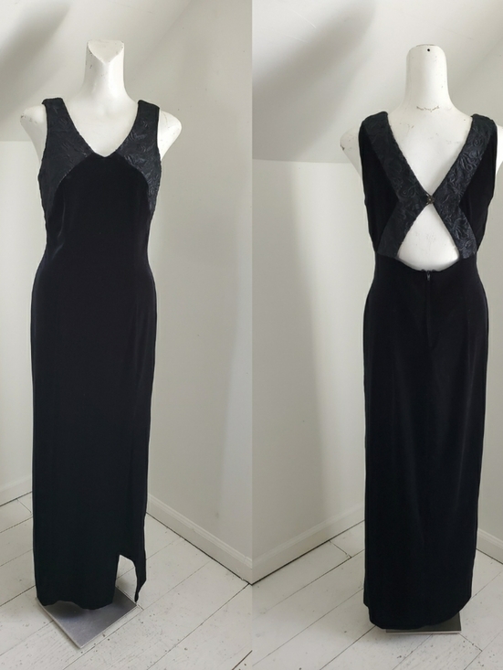 Vintage Dresses & Skirts - 90s Vintage Black Stretch Velvet Pencil Dress Evening Gown Prom